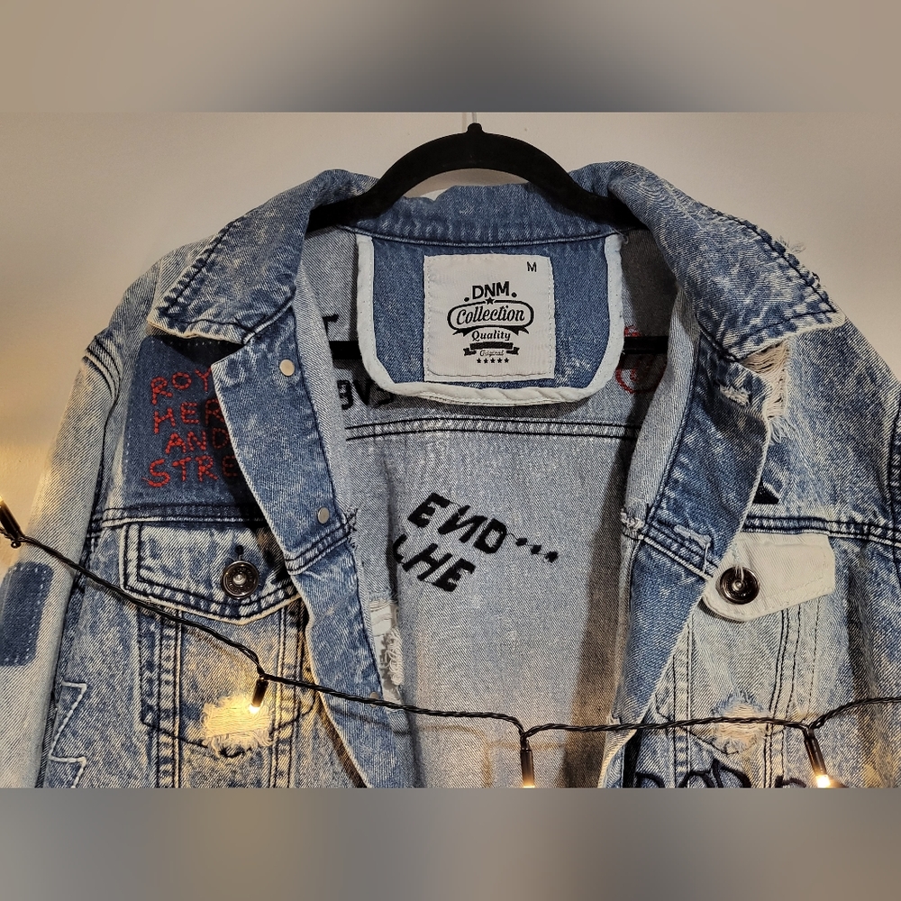 DNM Collection Medium Distressed Embroidered Reworked Denim Jacket - Picture 5 of 16